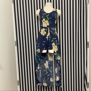 Kormei Womens Sleeveless Navy Floral Split Maxi Romper Dress Size XS Rayon Party